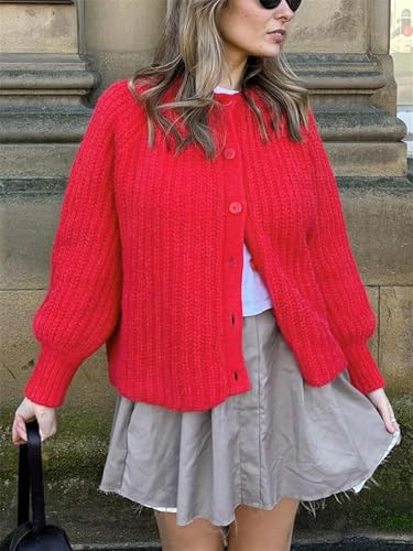 Women Chunky Knit Cardigan Y2k Long Latern Sleeve Crew Neck Button Up Open Front Cable Knitted Short Sweater Jackets4