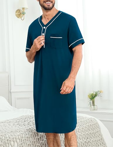 Image of SWOMOG Mens Nightgown Short Sleeve Lounge, Sleep Henley Shirt Pajama Big & Tall Nightshirt Comfy Nightwear M-3XL