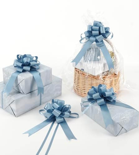 HUIHUANG Dusty Blue Pull Bows 4x8 Blue Satin Gift Bow for Gift Wrapping Presents Gift Basket Paper Bag Baby Shower Favors Wrapping Accessories Wedding Bridal Shower Decor 12 PCS