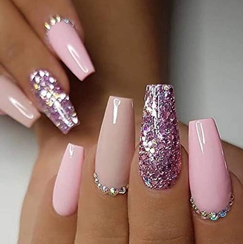 Pink And Glitter Bling Long Coffin Press On False Nails Buy Online In Uruguay At Desertcart