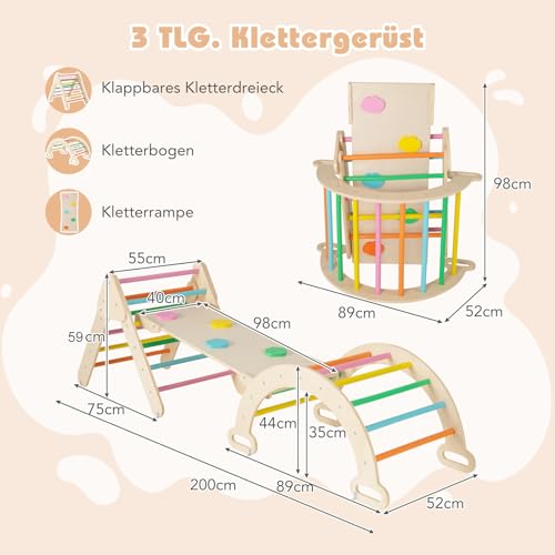 Foto von COSTWAY Kletterdreieck mit Rutsche, Kletterbogen, inkl. doppelseitige Rampe, zum Klettern, Rutschen und Wippen, 4 in 1 Klettergerüst Indoor ab 1 Jahr (Bunt)