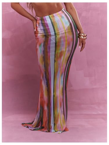 SHENHE Women's Sheer Maxi Skirt Tie Dye High Waisted Bodycon Colorful Long Fishtail Skirt4