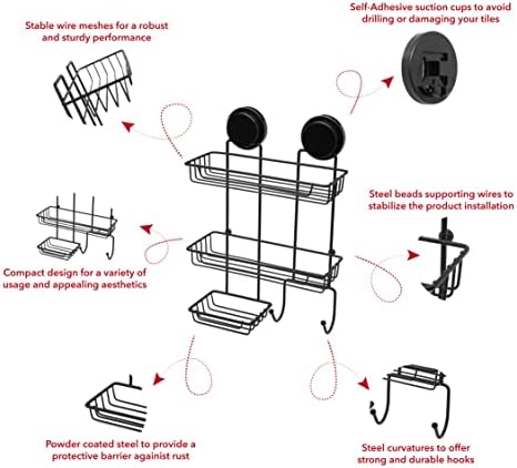 tidiser® Bathroom Shelves~ Self-Adhesive Shower Caddy~ 3 Tier Multi Use Bathroom Storage~ Space Saver Premium Quality~ Chrome & Black ~ 26cm(L) x 10cm(W) x 32.5cm (H)