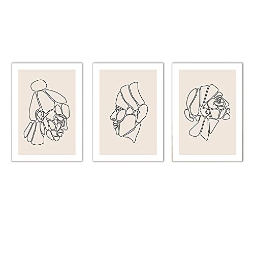 Affiche minimaliste femme pour habiller un mur vide, lot 3 peintures sur toile beige 50x70cm