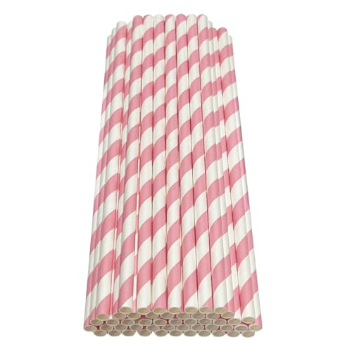 Haobase 50 Stück Papier Trinkhalme, biologisch abbaubare Papier Strohhalme zum Trinken Cocktail, Kaffee, kalte Getränke (Streifen-Muster) (White/Pink Stripes)