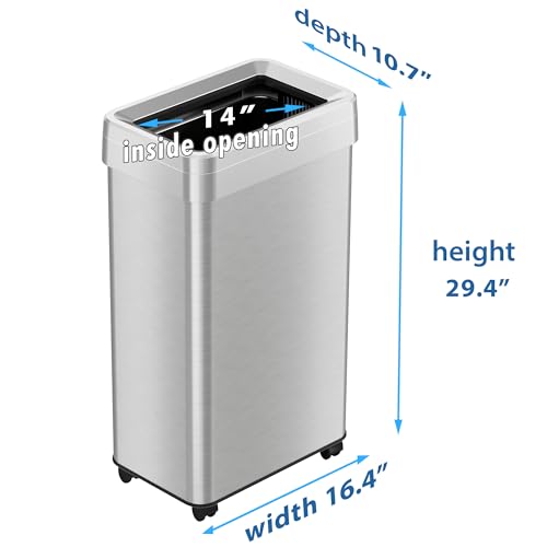 Image of iTouchless 18 Gallon Open Top Kitchen Trash Can Recycling Bin with Wheels and Double Odor Filters Rectangular Commercial Stainless Steel 68 Liter Trashcan Home Office Work Bedroom Livingroom Garage