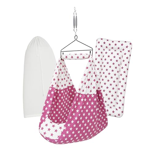 Image of Baby Swing Cradle (Jhula) for Newborns - Cloth Cradle with Removable Mattress, Mosquito Net, Spring & Triangle Hanger | Up to 15 kg | (Pink Star)
