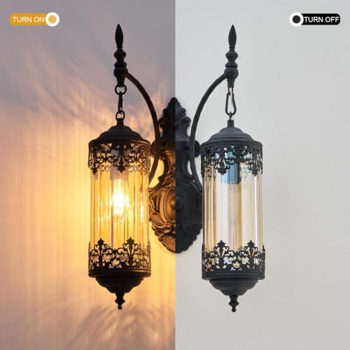 Image of Antique Gothic 2-Light Amber Glass Wall Sconce for Bedroom | Rustic Farmhouse Black Wall Light Fixture, Vintage Decorative Metal Wall Lamp for Hallway, Living Room, Entryway, Mirror