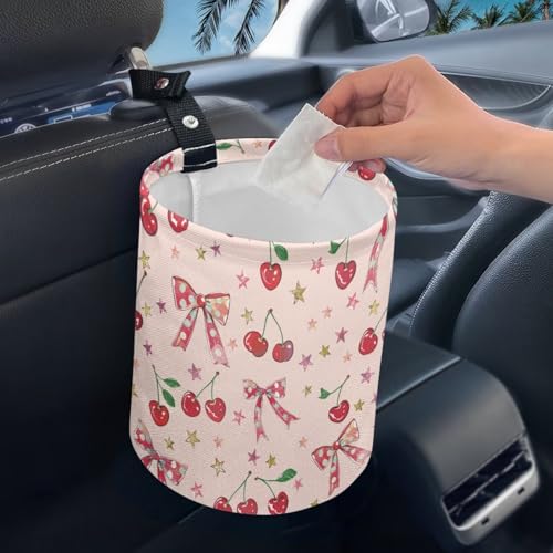 Image of Car Trash Can Pink Cherry Bow Collapsible Portable Small Car Garbage Bin for Front Seat, Back Seat, Floor, Headrest Rubbish Bin Universal for SUV Trucks