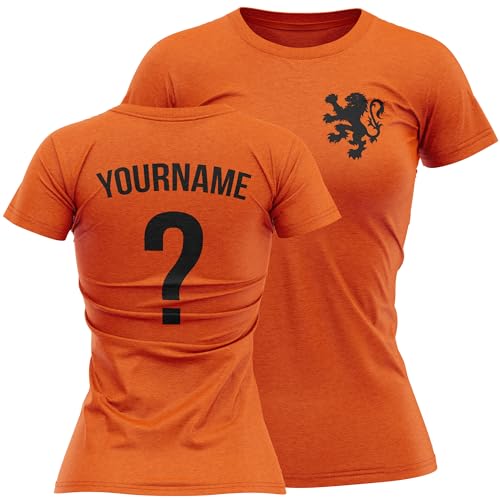 Image of Personalised Netherlands Lion Womens T Shirt Retro Holland Football Dutch Custom Name Number European Tee, M, Orange