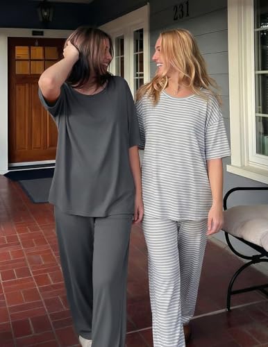 Image of Ekouaer 2 Pack Womens Pajamas Sets Short Sleeve Long Pants Pjs Lounge Set