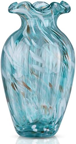 Glass Vases Handmade Wave Bottle Small Bore Top Decorative Vases Vintage Look Decorative Vases for Rustic Farmhouse Living Room, Kitchen, Wedding and Office Center Table Displaying Flowers (Cyan)