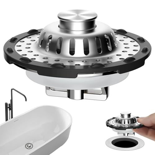 Universal Bathtub Drain Stopper Shower Drain Hair Catcher, Tub Stopper with Visible Top Strainer, Upgraded 3 in 1 Pop-up Drain Plug Fit for 1.5 to 2.4' Hole, Stainless Steel Filter Basket, Chrome