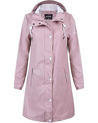 Damen Regenjacke Regenmantel Softshelljacke Friesennerz Parka PU Windbreaker mit Kapuze wasserdicht,Rosa,xl