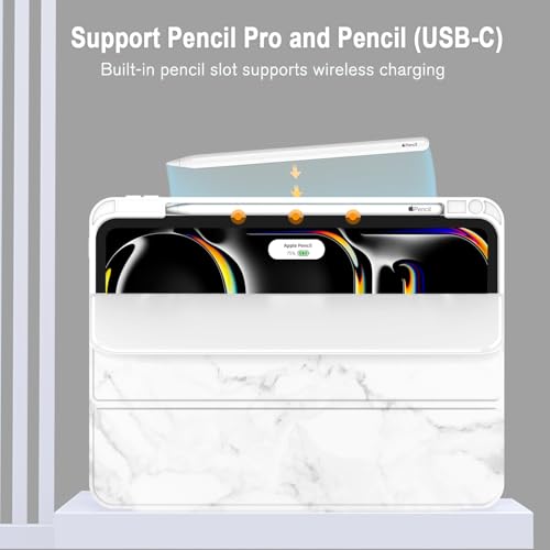 Image of ZryXal New iPad Pro 13 Inch Case (M5) 2025 / (M4) 2024 with Pencil Holder, Smart iPad Case [Support Pencil Pro and Pencil (USB-C)], Support Touch ID and Auto Wake /Sleep (Marble White)