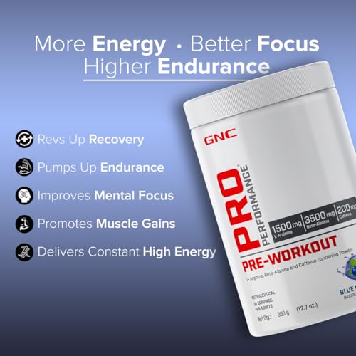 Image of GNC Pro Performance Pre-Workout | 360 gm | 30 Servings | Boosts Pump & Energy | Speeds Up Recovery | 1500 mg L-Arginine | 3500 mg Beta-Alanine | 200 mg Caffeine | Blue Raspberry