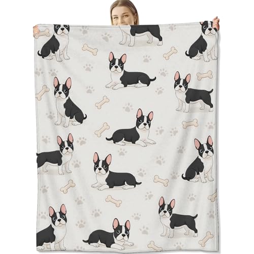 cromcu Boston Terrier Flannel Throw Blanket, 50x60in, Soft Warm Cozy Blankets with Cartoon Dog Paw and Bone, Cute Dog Gifts for Girls Kids Pet Lovers, Beige Home Decor Dorm Office Travel Camping