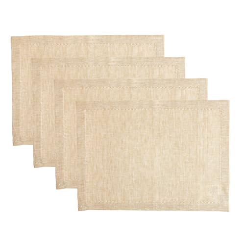 Solino Home Linen Placemats 19" L x 14" W Inch – 100% Pure Linen Hemstitch Champagne Beige Placemats Set of 4 – Milan, Cloth Fabric Placemats for Christmas, Holiday