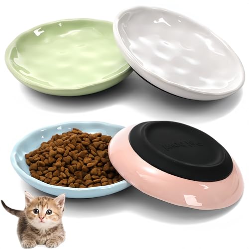 Small Dog Bowls YIMITEE 4 Pack Cat Bowls with Silicone Bottom, 6″ Anti-Whisker Fatigue Ceramic Pet Food Dish, Non-Slip Flat Kitten Feeding Plate, Wide Shallow Cute Cat Dishes for Indoor Cats, Puppy, Small Dog, Rabbit