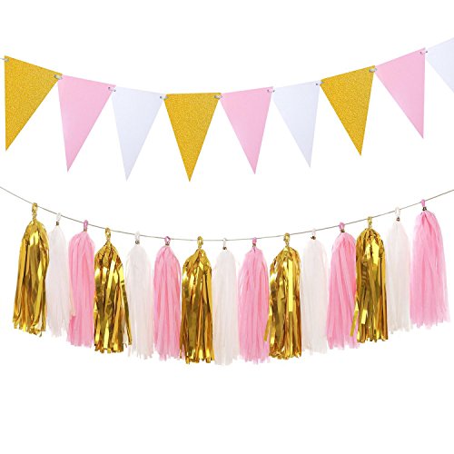 Glittery Paper Pennant Banner Triangle Flags Bunting 8.5 Feet And Tissue Paper Tassels Garland 15 Pcs For Birthday Party, Wedding, Bridal Shower Decorations, Glittery Gold+Pink+White #TOP4