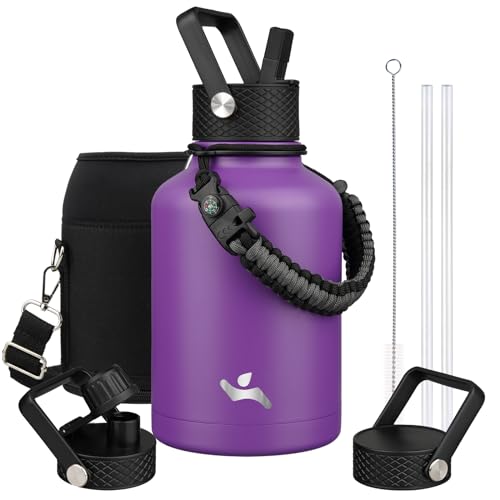 Konokyo Insulated Water Bottle with Straw,50 oz 3 Lids Water Jug with Carrying Bag,Paracord Handle,Double Wall Vacuum Stainless Steel Metal Flask,Purple by Konokyo - Used condition - US$13.78