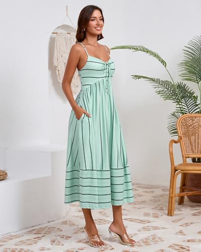 Image of Fashionme Womens Summer Maxi Dresses 2026 Trendy Striped Vacation Boho Beach Spaghetti Strap Sundress Back Tie with Pockets