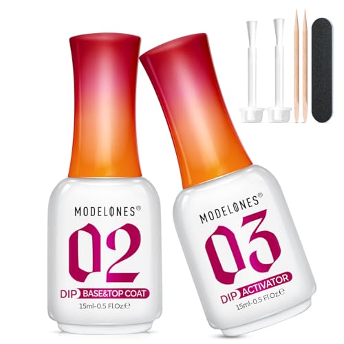 Modelones Dip Powder Liquid Set 7pcs Base & Top Coat 2 in One with Activator 15ml Crystal Clear No Lamp Needed with Nail File Nail/Buffer/Brush