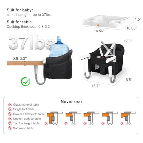 MTWML Hook On High Chair with Tray,Portable Baby High Chair that Attaches to Table,Clip On Fast Table Seat for Babies and Toddlers.Baby Feeding Seat for Dining Tables and Counter(Pure-Black)