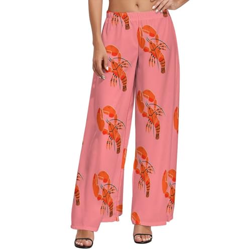 Palazzo Pants for Women - Lobster Print Red Womens Wide Leg Baggy Pants, Comfy Casual Lounge Pants