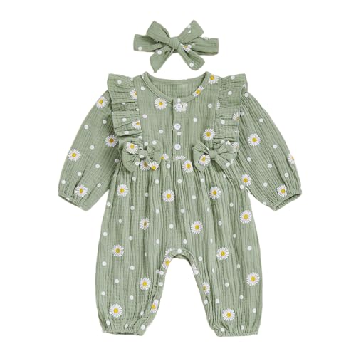 Geagodelia - Geagodelia Baby Girl Daisy Print Bodysuit 0-24 Months Infant Girls Full Length Jumpsuit Long Sleeve Round Neck Romper Button Up Long Pants with Headband One-Piece Outfits (Green, 3-6 Months) - -37%