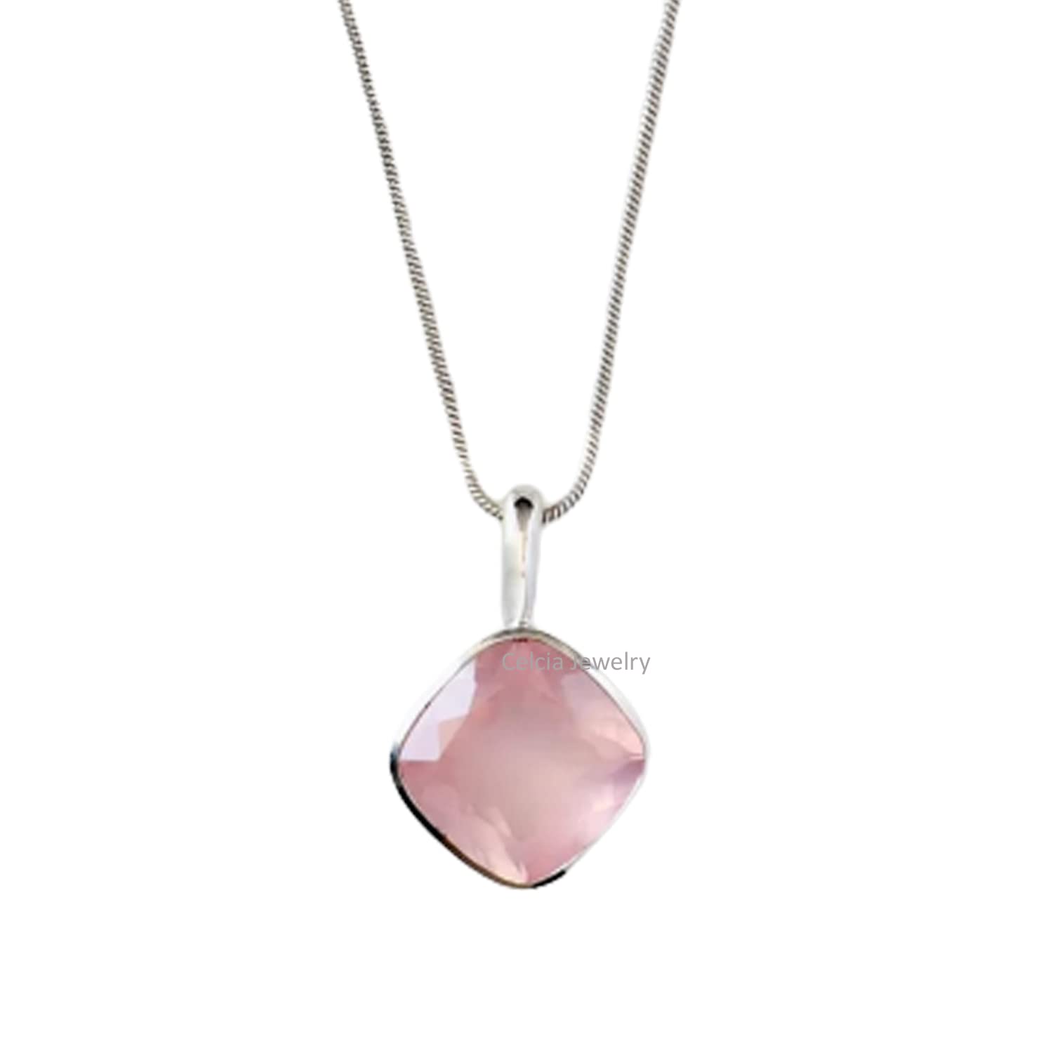 Sólido collar de plata de ley 925 para mujer, collar de piedra natal de octubre hecho a mano único con piedra preciosa rosa facetada de cuarzo rosa genuino