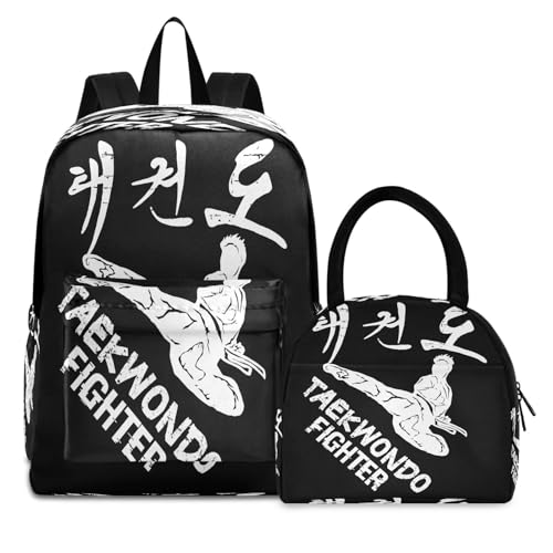 Taekwondo Pattern Backpack for Kids, Girls Boys Lightweight Elementary Bookbag with Lunch Box
