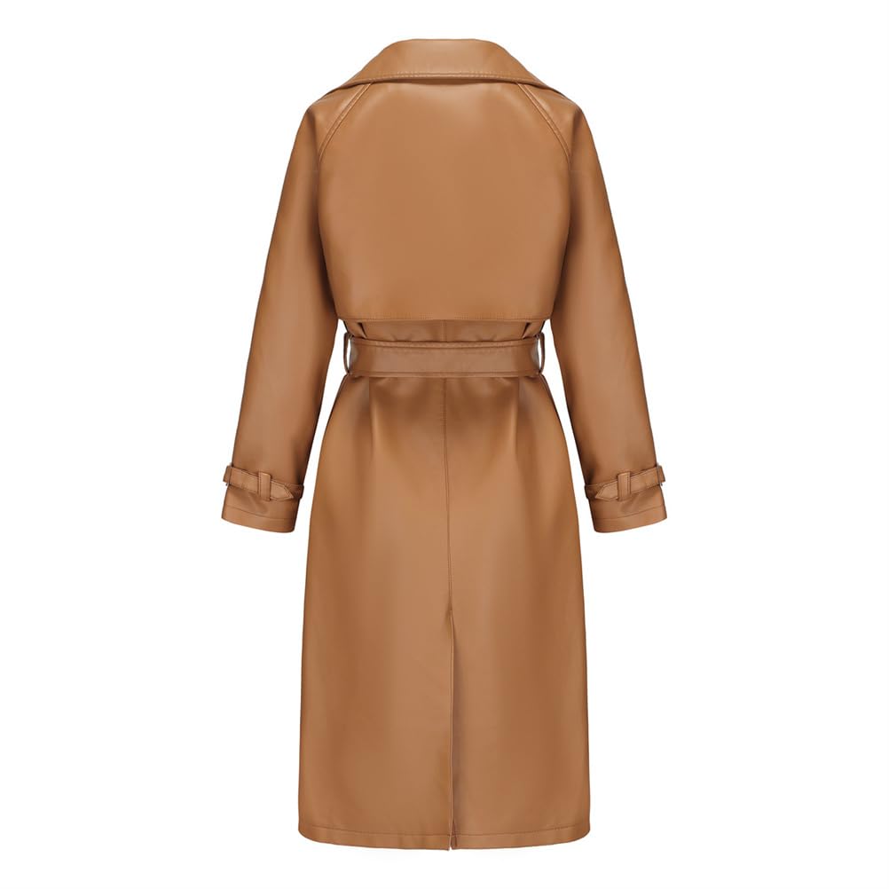 Chaqueta larga de cuero para mujer, chaqueta de piel sintética para mujer, gabardina con solapa y botón de muesca