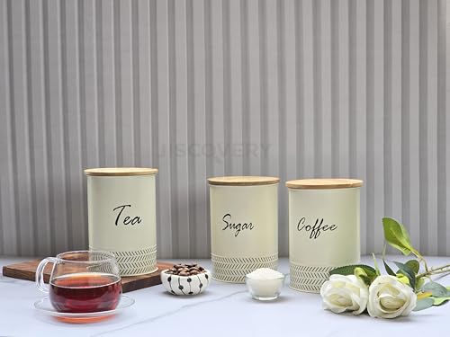 Image of JISCOVERY Airtight Tea, Coffee & Sugar Container Set of 3| Metal Storage Canister with Wooden Lid for Kitchen| Storage Box for Kitchen Counter Top| 1300 ML| Ivory