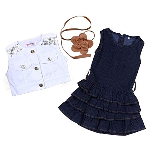 Lcy New Dress + Jacket 2 Piece Suit Girls Summer Vest Jeans Girls Clothes Jeans Suitable For 2-7 Years Old (White,7-8 Years) #TOP1