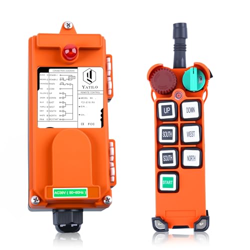 Yatilo F21-E1 Industrial Wireless Crane Remote Control Kit for Overhead Crane & Hoist, 6 Channels, Universal 16V-440V AC/DC, Red Mushroom E-Stop, IP65 Waterproof (1 Transmitter & 1 Receiver)