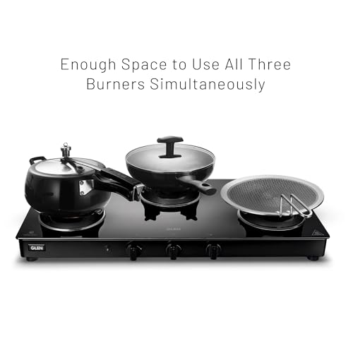 Image of Glen 3 Burner PNG Gas Stove | Toughened Glass Top | Brass Burners | Manual Ignition | 360 Revolving Nozzle | Crown Pan Supports | Black | 5 Years Warranty on Glass, Valve And Burner
