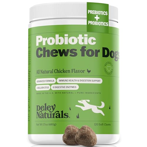 Deley Naturals Probiotics for Dogs, 120 Chicken Soft Chews, 6 Digestive Enzymes, 4 Billion CFU’s/2 Chews, Improves Dog Allergies, Bad Dog Breath and Dog Diarrhea, 100% Natural Supplement