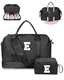 Vogewood Initial Duffle Bag with Shoe Compartment, Personalized Weekender Bag with Shoulder Strap, Overnight Bag for Women with Trolley Sleeve & Wet Pocket, Travel Bag with Makeup Bag (Letter E)
