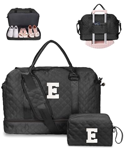 Vogewood Initial Duffle Bag with Shoe Compartment, Personalized Weekender Bag with Shoulder Strap, Overnight Bag for Women with Trolley Sleeve & Wet Pocket, Travel Bag with Makeup Bag (Letter E)