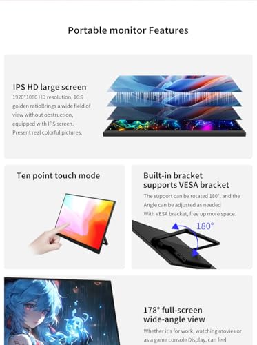 Image of cjc 18.5 inch FHD Portable Touch Screen Monitor with Kickstand - USB C HDMI External Travel Display for Laptop, Phone, Gaming Console, Second Screen (18.5 inch 120Hz)
