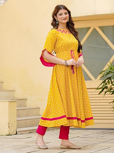 Image of Yash Gallery Women's Fit And Flare Calf Length Cotton Ikat Printed Flared Dress
