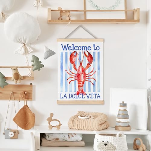 Image of PQKIY Summer Coastal Red Lobster Wall Art Poster Hanger Frame 12x16 in, Watercolor Nautical Beach Seafood Blue Striped Aesthetic Wall Decor Canvas Prints for Home Kitchen Dining Room Party