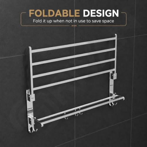 Image of GRIVAN 18-Inch Stainless Steel Towel Rack in Bathroom | Wall-Mounted Towel Stand with Hooks | Foldable Towel Holder & Cloth Hanger for Bathroom (Silver Chrome, 18 INCH)