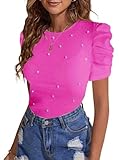 Remidoo Women's Puff Short Sleeve Crew Neck Tops Rib Knit Slim Fit T Shirt Button Hot Pink Small