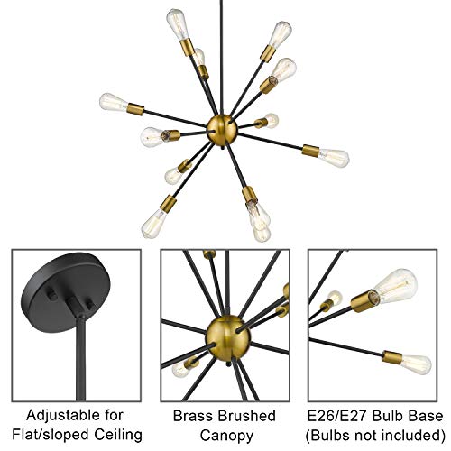 Jazava Modern Sputnik Chandelier Light Fixture, 12 Light Starburst Chandelier Pendant Lighting, Ceiling Lights For Kitchen Bedroom, Black & Brass Brushed #TOP2