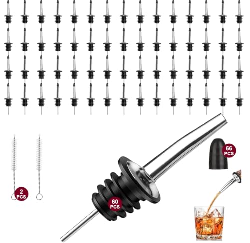 60 Pack Liquor Pour Spouts, Stainless Steel Bottle Pourers with Dust Caps (Deep Black)
