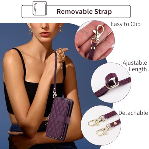 Furiet Argyle Wallet Case for Moto Edge Plus 2020 with Wrist Strap Shoulder Strap, Card Slots Zipper Purse Luxury PU Leather Stand Cell Phone Cover for Motorola Edge+ + XT2061 Women Girls Deep Purple by Furiet - Image 7