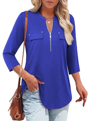 Image of Bulotus Womens 3 /4 Sleeve Tops Plus Size V Neck Zipper Business Casual Blouses for Office & Going Out Soft Knit Tunics, M-3XL