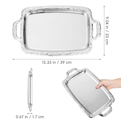 Image of Metal Serving Tray, Silver Large Rectangular Antique Serving Platter, European Retro Style Tray for Cookies, Charcuterie, Snacks, Desserts, Fruit, Party Food (39. 00x23. 00x1. 70cm)